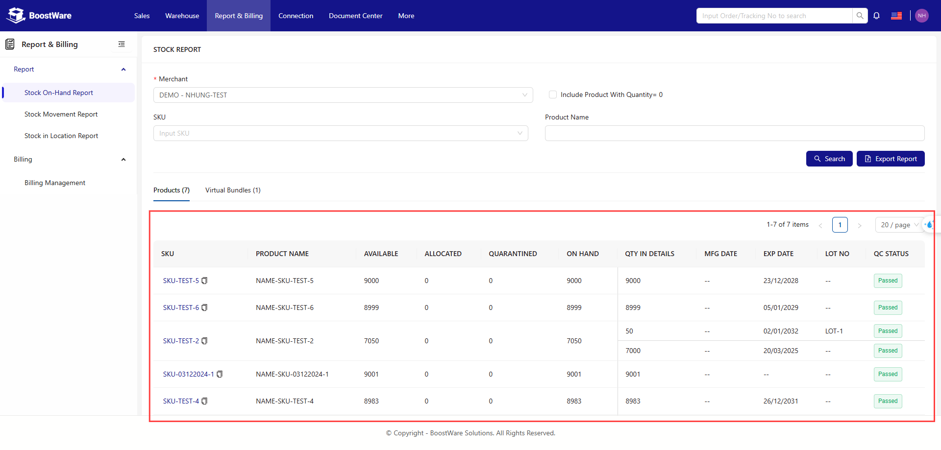 Stock on Hand Report screenshot 2